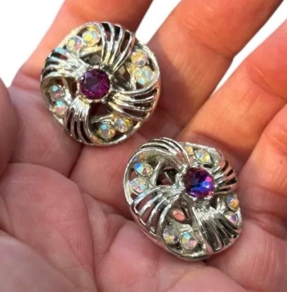 Vintage Aurora Borealis Rhinestone Swirl Clip Earrings Purple Center Retro